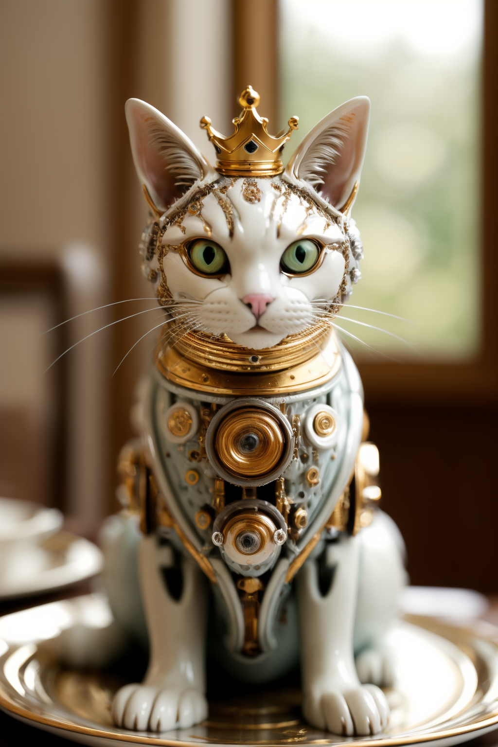mechanical cat sitting at a fine dining table, wearing a tiny crown, crystal and porcelain plateware wealthy luxurious opu...
